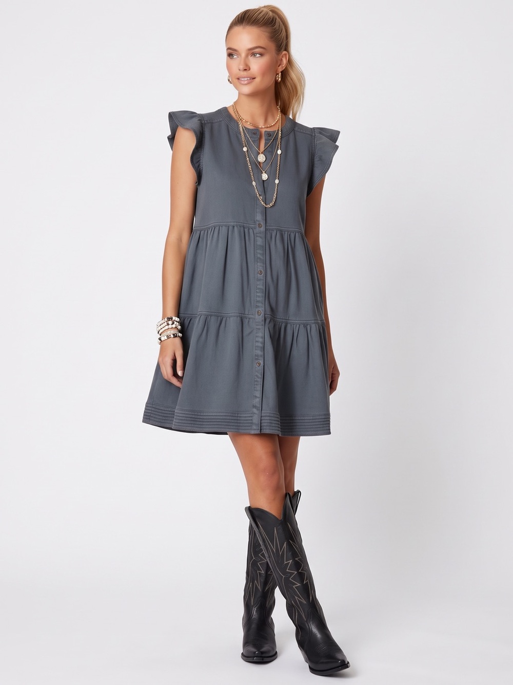 Marie Oliver Neelie Denim Dress Sz XS Gray Pockets Tiered Flutter Sleeves Boho